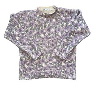Zara Floral Jacquard Wool Blend Purple Flower Print Chunky Knit Sweater Small